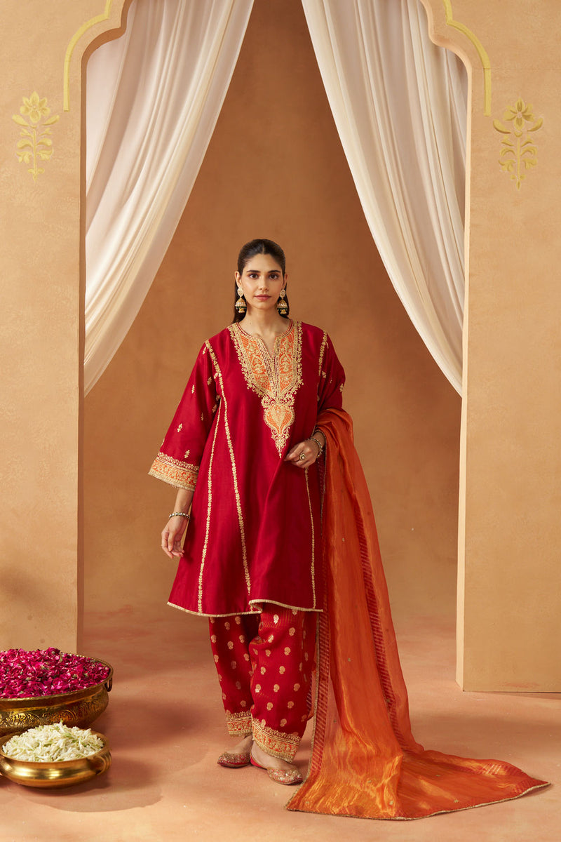 Maahgul Deep Red Kalidaar Chauga with Salwar with Dupatta silk chanderi kurta/kurta set by SHEETAL BATRA in red for women in Singapore