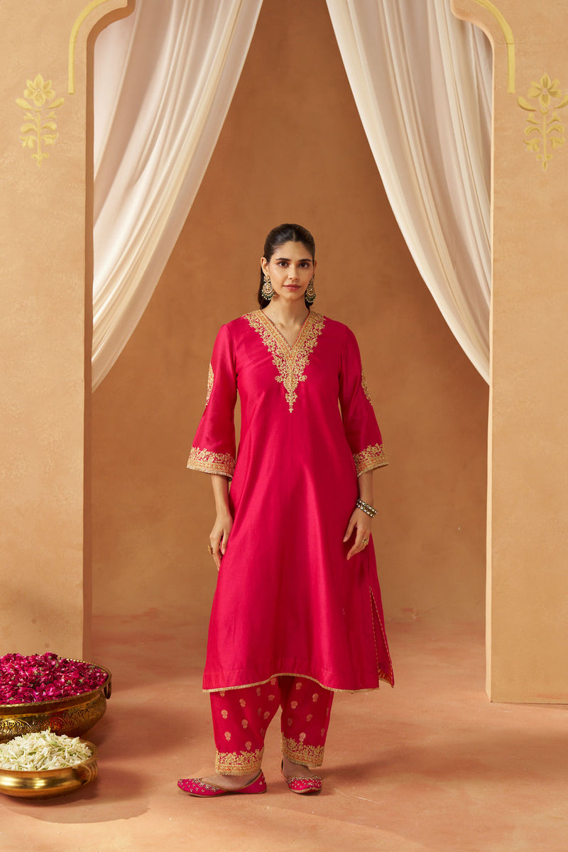 Liana Hotpink with Dupatta Chauga and Dupatta silk chanderi kurta/kurta set by SHEETAL BATRA in pink for women in Singapore