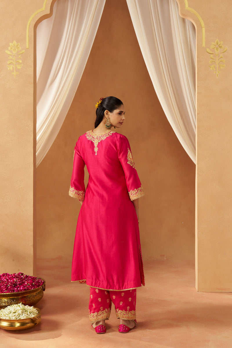 Liana Hotpink with Dupatta Chauga and Dupatta silk chanderi kurta/kurta set by SHEETAL BATRA in pink for women in Singapore