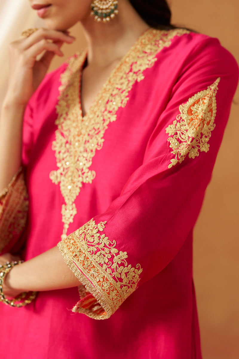 Liana Hotpink with Dupatta Chauga and Dupatta silk chanderi kurta/kurta set by SHEETAL BATRA in pink for women in Singapore
