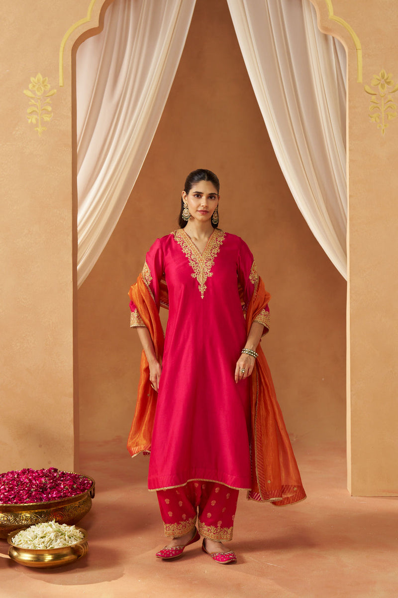 Liana Hotpink with Dupatta Chauga and Dupatta silk chanderi kurta/kurta set by SHEETAL BATRA in pink for women in Singapore