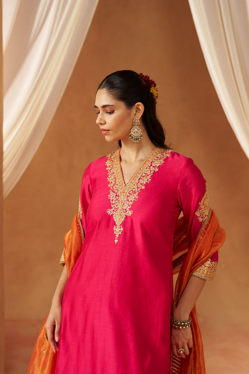 Liana Hotpink with Dupatta Chauga and Dupatta silk chanderi kurta/kurta set by SHEETAL BATRA in pink for women in Singapore