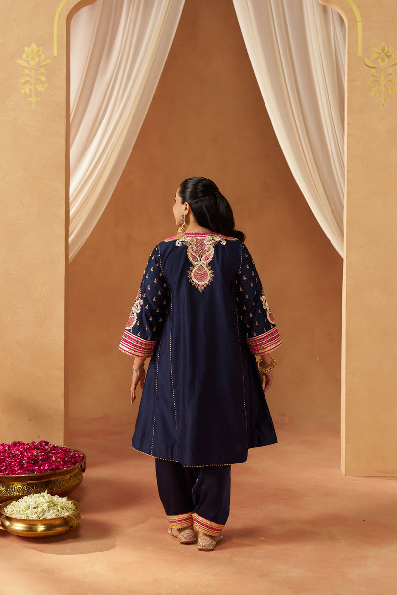Riva deep blue chauga with salwar silk chanderi kurta/kurta set by SHEETAL BATRA in blue for women in Singapore