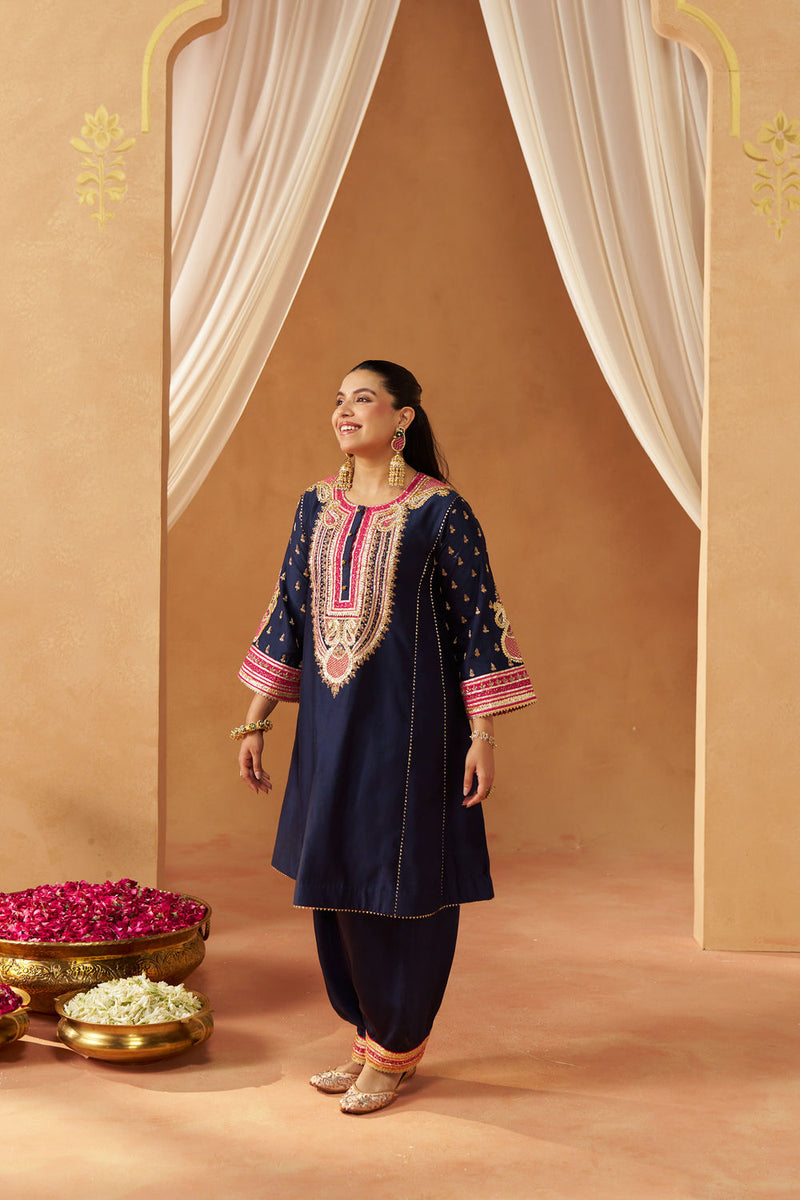 Riva deep blue chauga with salwar silk chanderi kurta/kurta set by SHEETAL BATRA in blue for women in Singapore
