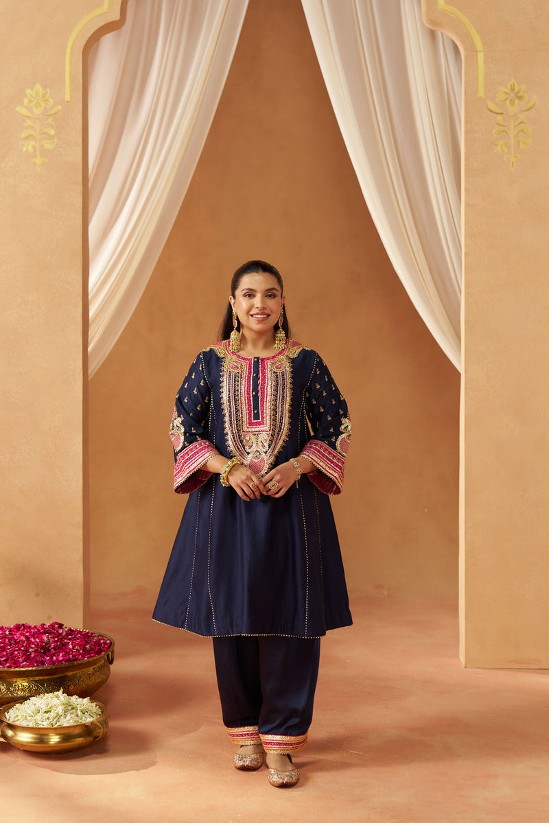 Riva deep blue chauga with salwar silk chanderi kurta/kurta set by SHEETAL BATRA in blue for women in Singapore