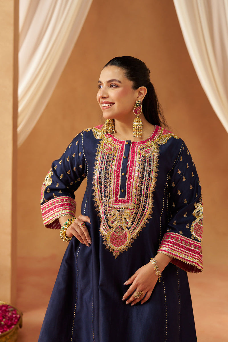 Riva deep blue chauga with salwar silk chanderi kurta/kurta set by SHEETAL BATRA in blue for women in Singapore