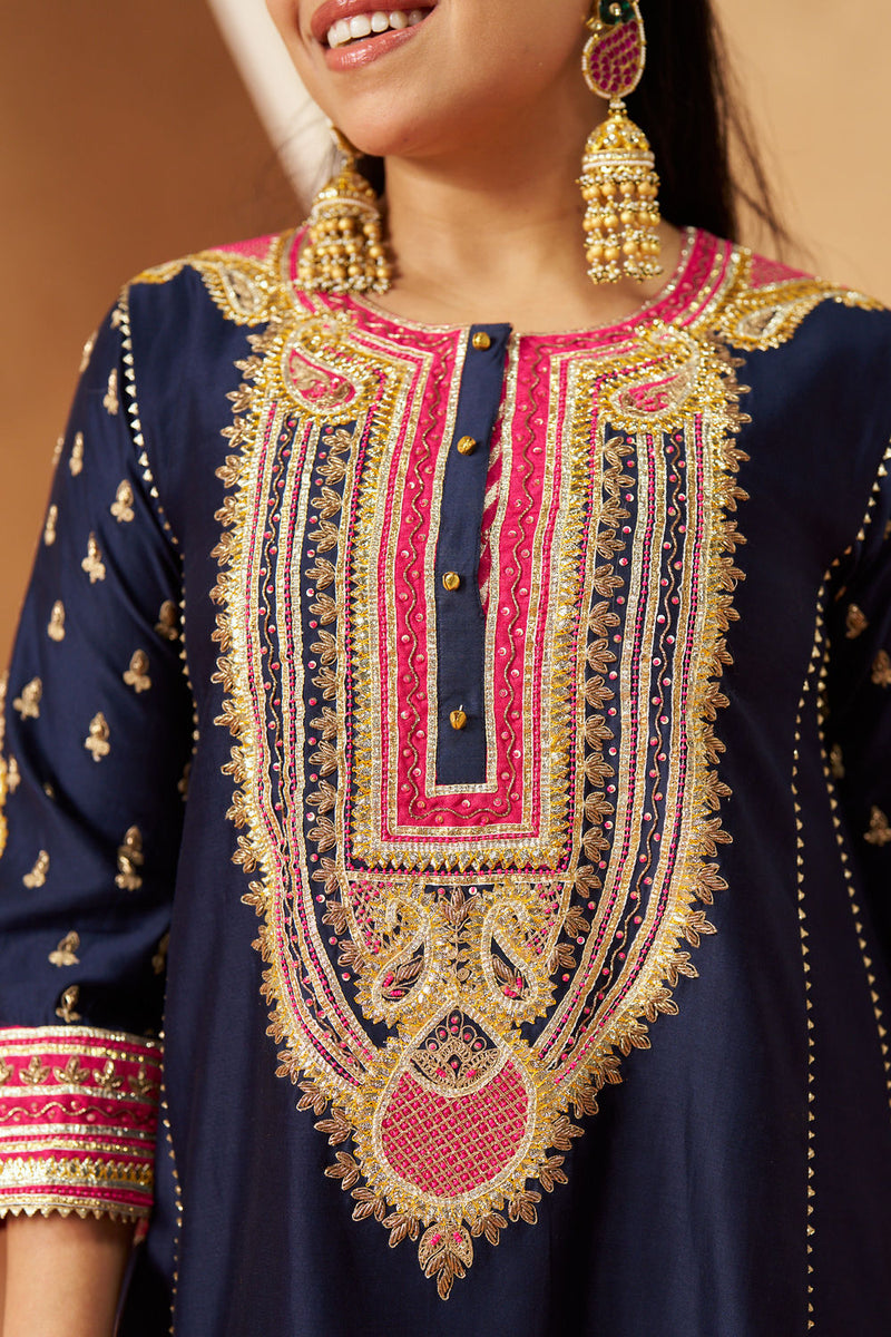 Riva deep blue chauga with salwar silk chanderi kurta/kurta set by SHEETAL BATRA in blue for women in Singapore