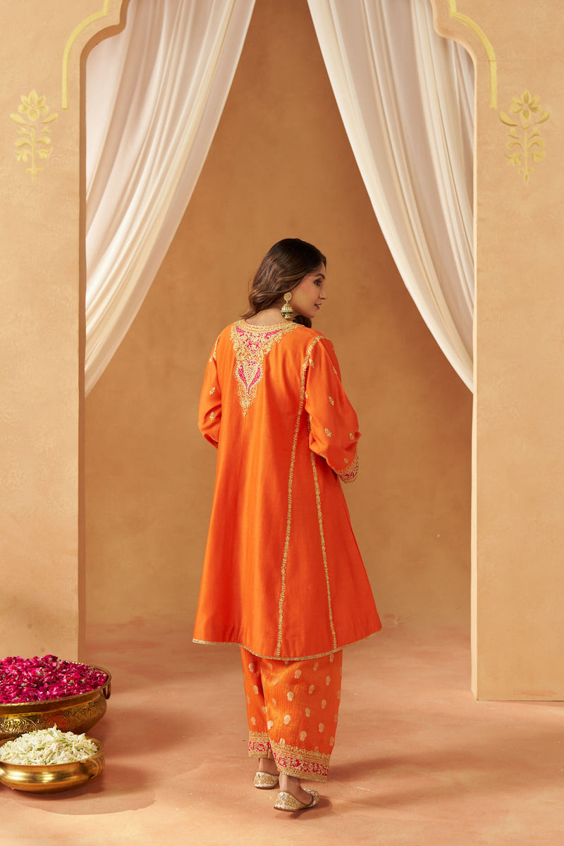 Maahgul Burnt Orange Kalidaar Chauga with Salwar with Dupatta silk chanderi kurta/kurta set by SHEETAL BATRA in orange for women in Singapore