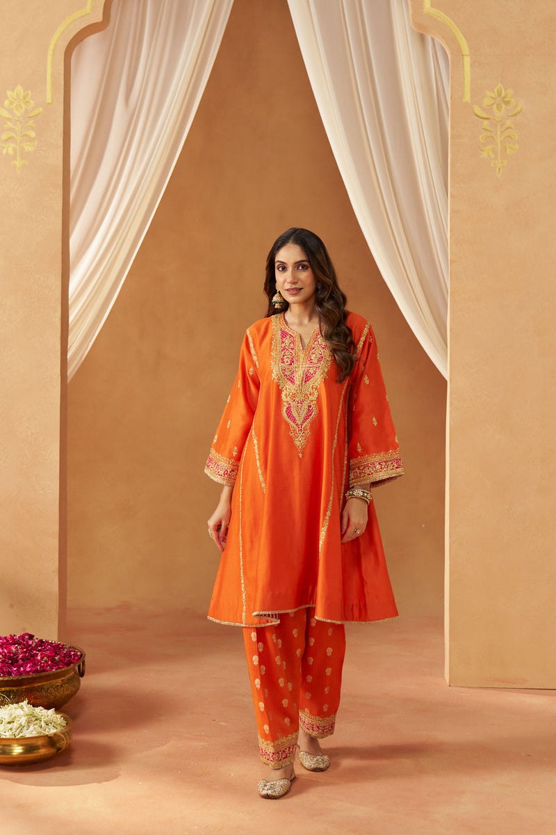Maahgul Burnt Orange Kalidaar Chauga with Salwar with Dupatta silk chanderi kurta/kurta set by SHEETAL BATRA in orange for women in Singapore