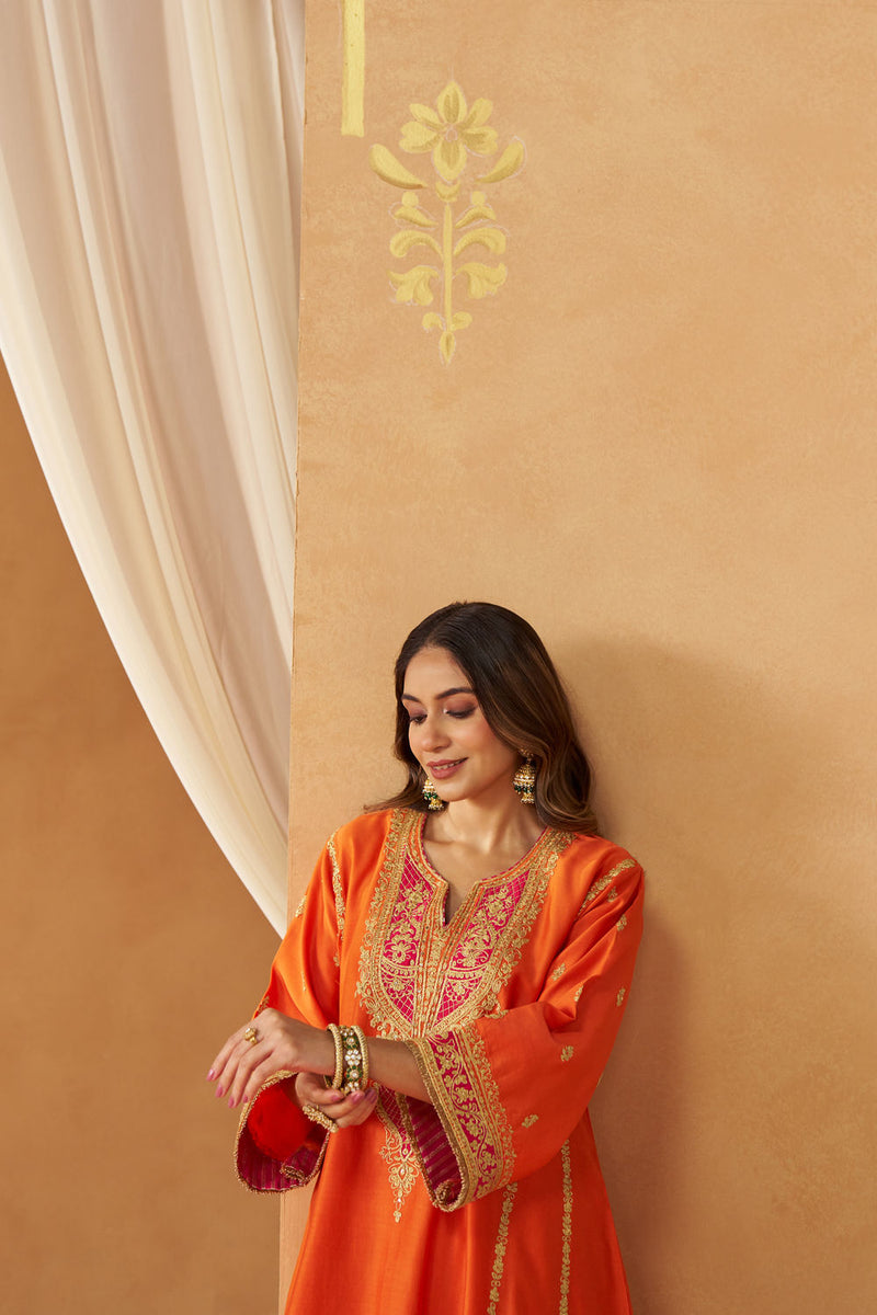 Maahgul Burnt Orange Kalidaar Chauga with Salwar with Dupatta silk chanderi kurta/kurta set by SHEETAL BATRA in orange for women in Singapore