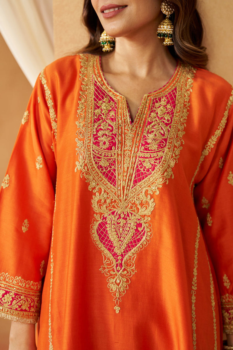 Maahgul Burnt Orange Kalidaar Chauga with Salwar with Dupatta silk chanderi kurta/kurta set by SHEETAL BATRA in orange for women in Singapore