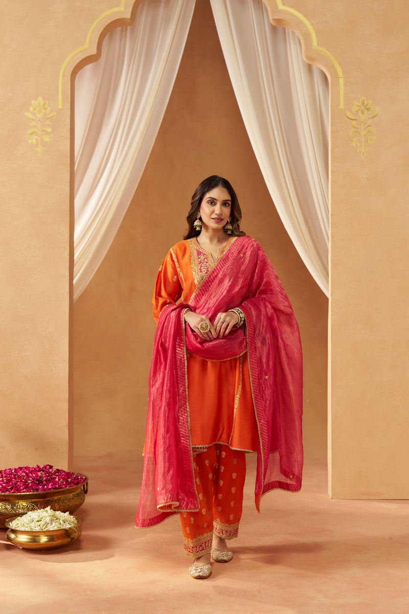Maahgul Burnt Orange Kalidaar Chauga with Salwar with Dupatta silk chanderi kurta/kurta set by SHEETAL BATRA in orange for women in Singapore