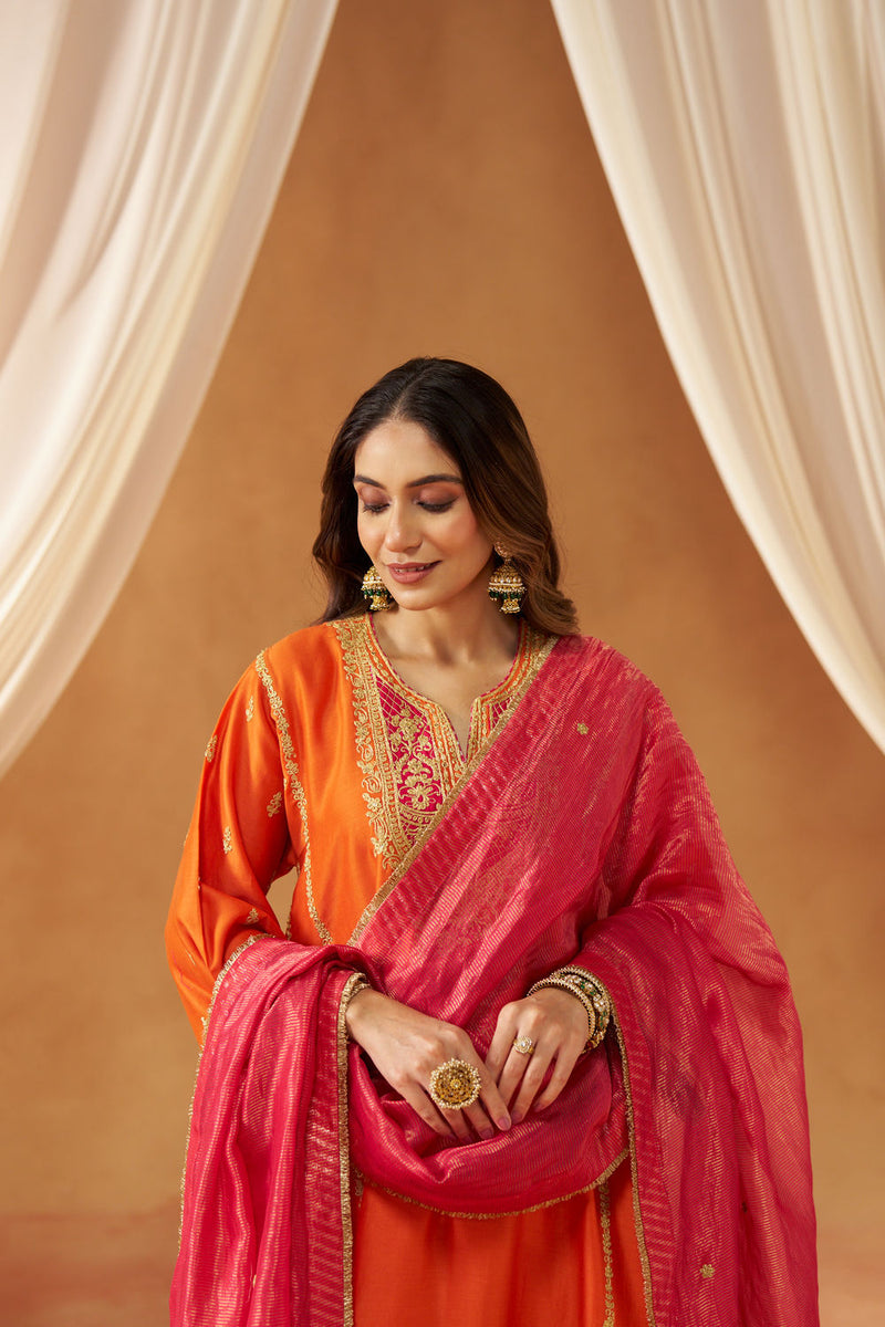 Maahgul Burnt Orange Kalidaar Chauga with Salwar with Dupatta silk chanderi kurta/kurta set by SHEETAL BATRA in orange for women in Singapore