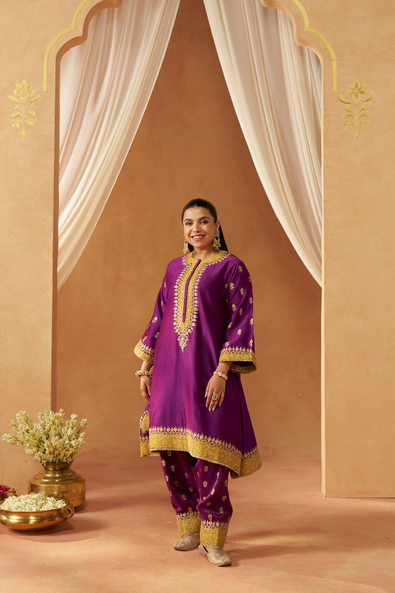 Zeenal Deep Purple A-Line Kaaftan with Salwar with Dupatta silk chanderi kurta/kurta set by SHEETAL BATRA in purple for women in Singapore