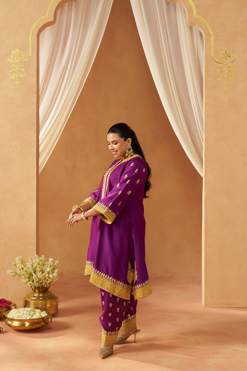 Zeenal Deep Purple A-Line Kaaftan with Salwar with Dupatta silk chanderi kurta/kurta set by SHEETAL BATRA in purple for women in Singapore