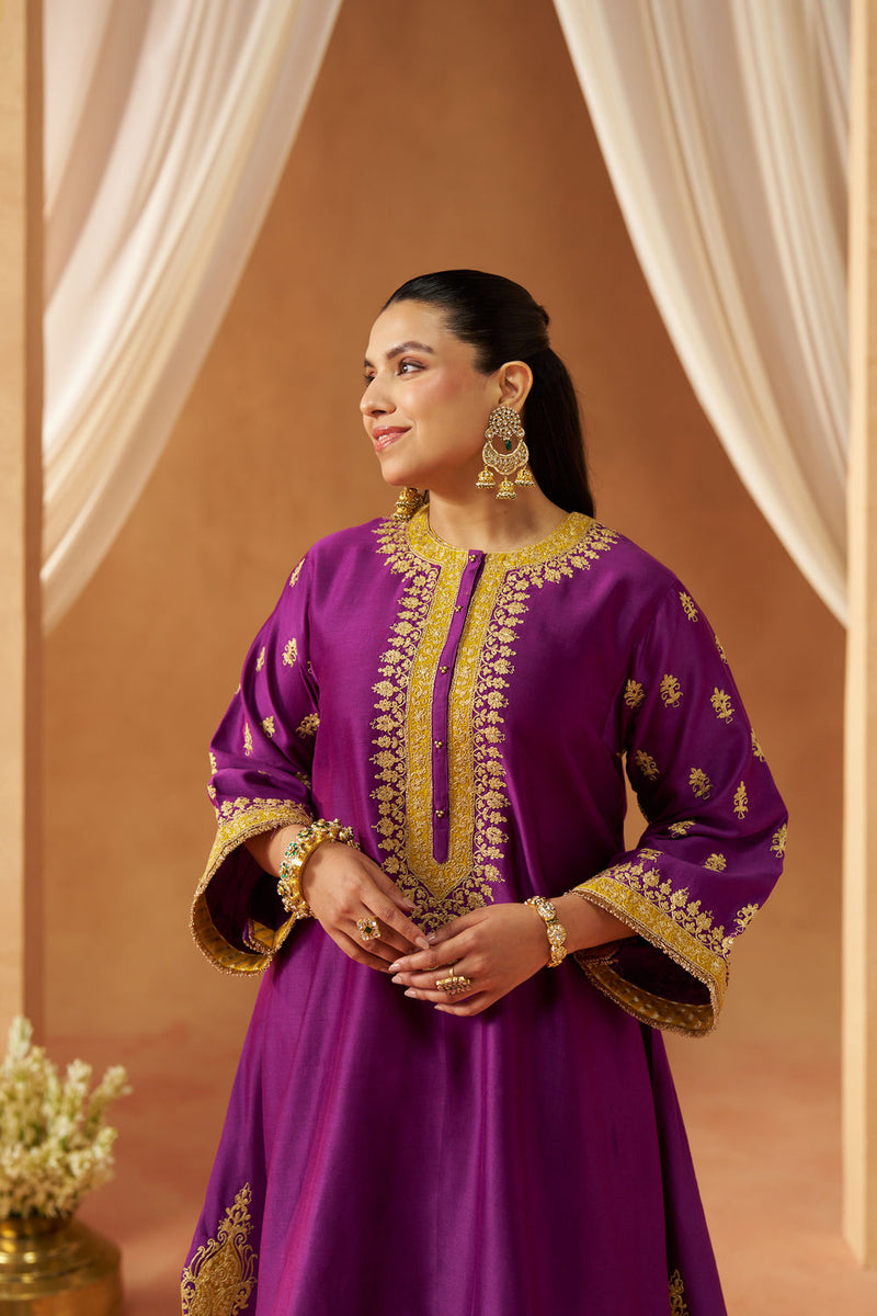 Zeenal Deep Purple A-Line Kaaftan with Salwar with Dupatta silk chanderi kurta/kurta set by SHEETAL BATRA in purple for women in Singapore