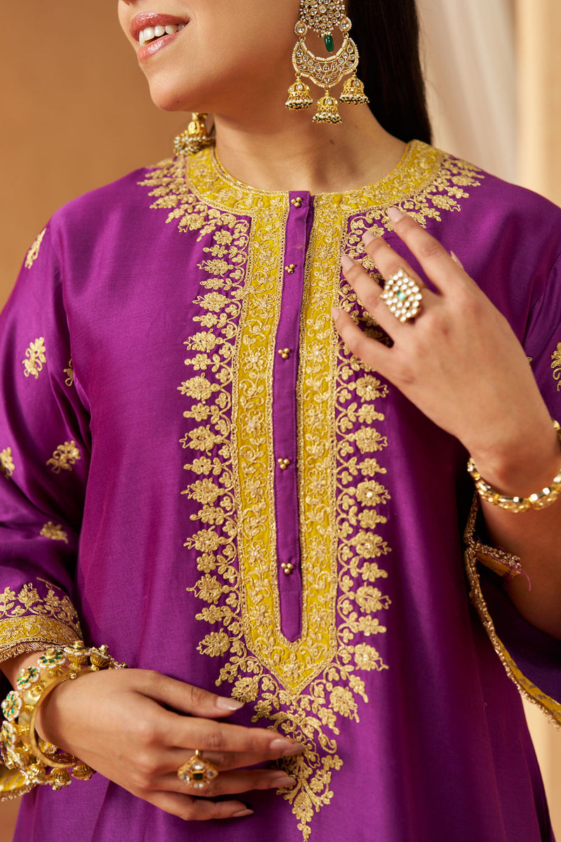 Zeenal Deep Purple A-Line Kaaftan with Salwar with Dupatta silk chanderi kurta/kurta set by SHEETAL BATRA in purple for women in Singapore