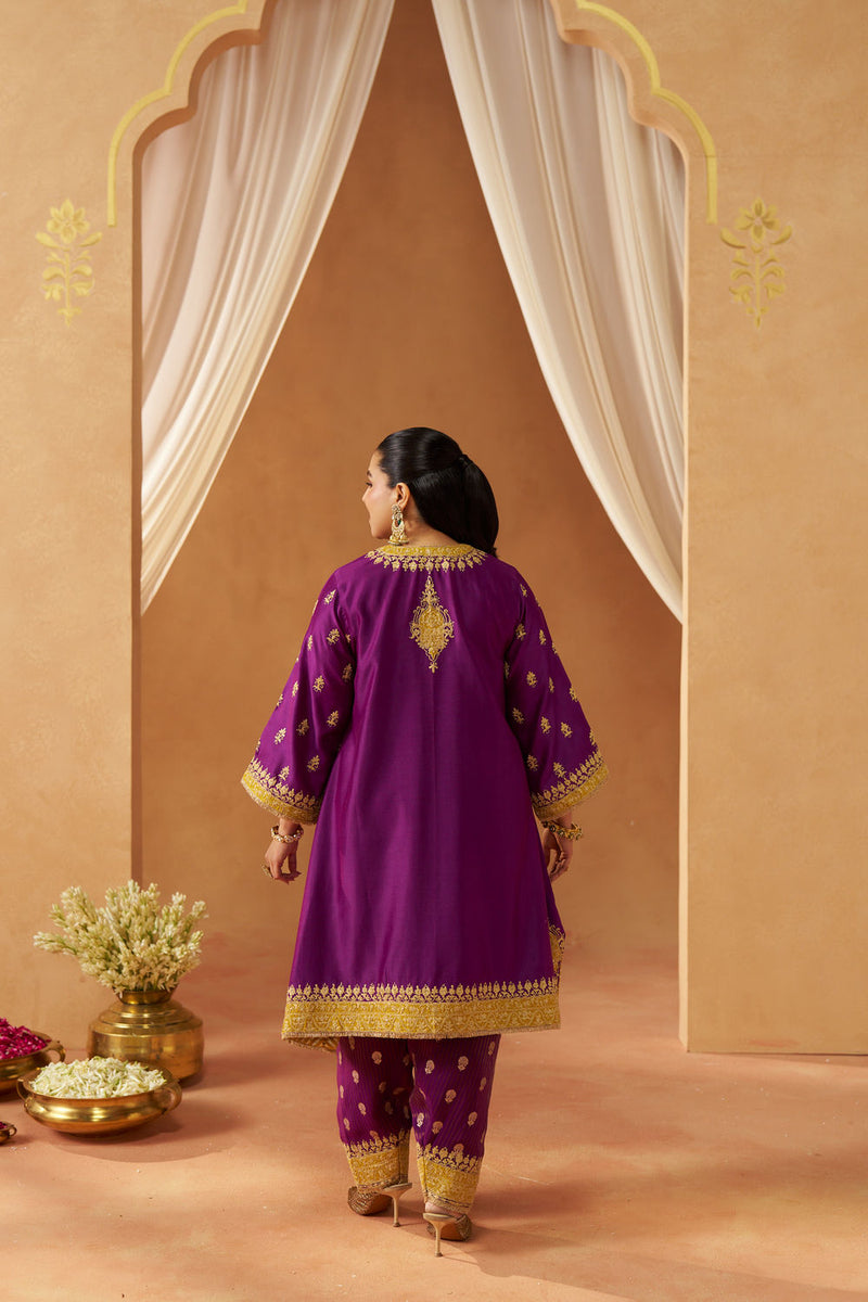 Zeenal Deep Purple A-Line Kaaftan with Salwar with Dupatta silk chanderi kurta/kurta set by SHEETAL BATRA in purple for women in Singapore