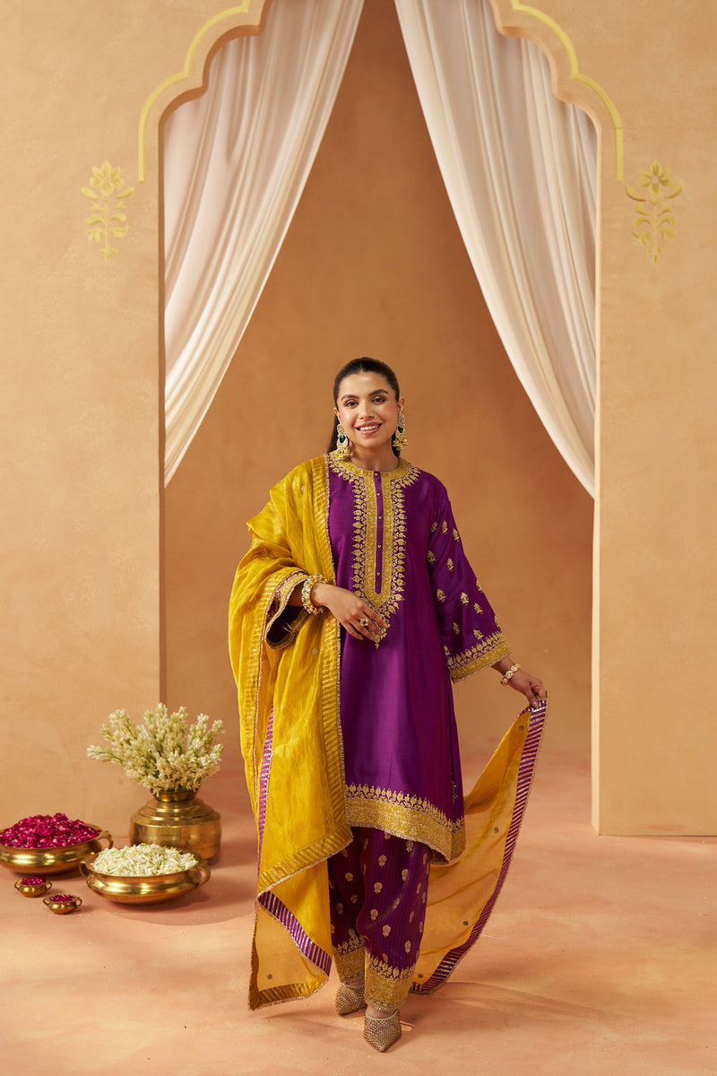 Zeenal Deep Purple A-Line Kaaftan with Salwar with Dupatta silk chanderi kurta/kurta set by SHEETAL BATRA in purple for women in Singapore