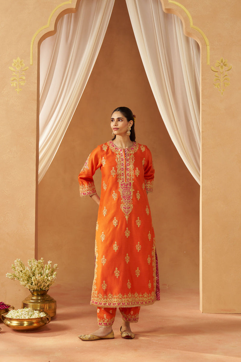 Mubina Burnt Orange Kurta with Salwar and Dupatta silk chanderi kurta/kurta set by SHEETAL BATRA in orange for women in Singapore
