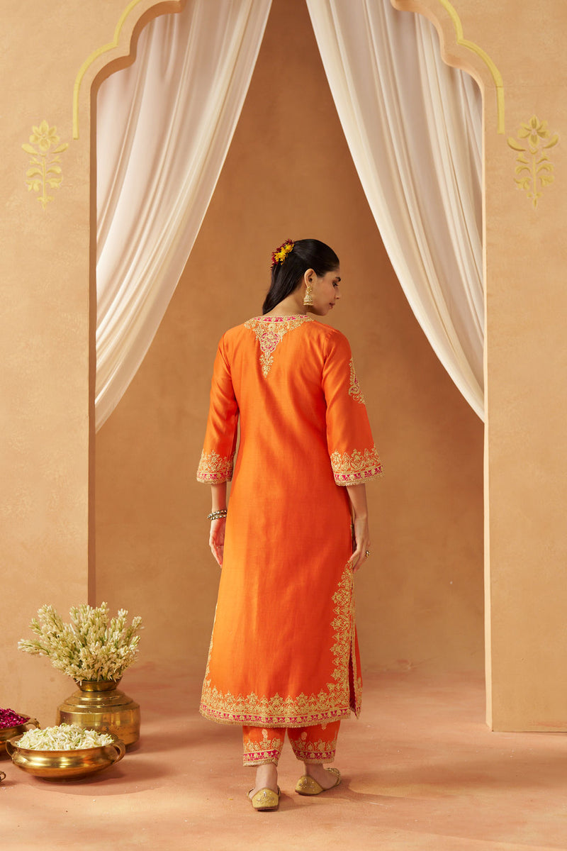 Mubina Burnt Orange Kurta with Salwar and Dupatta silk chanderi kurta/kurta set by SHEETAL BATRA in orange for women in Singapore