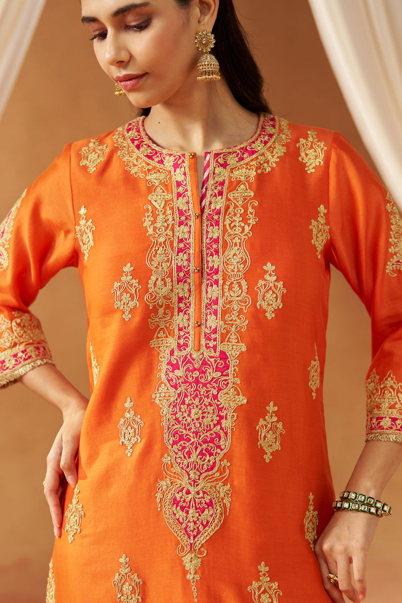 Mubina Burnt Orange Kurta with Salwar and Dupatta silk chanderi kurta/kurta set by SHEETAL BATRA in orange for women in Singapore
