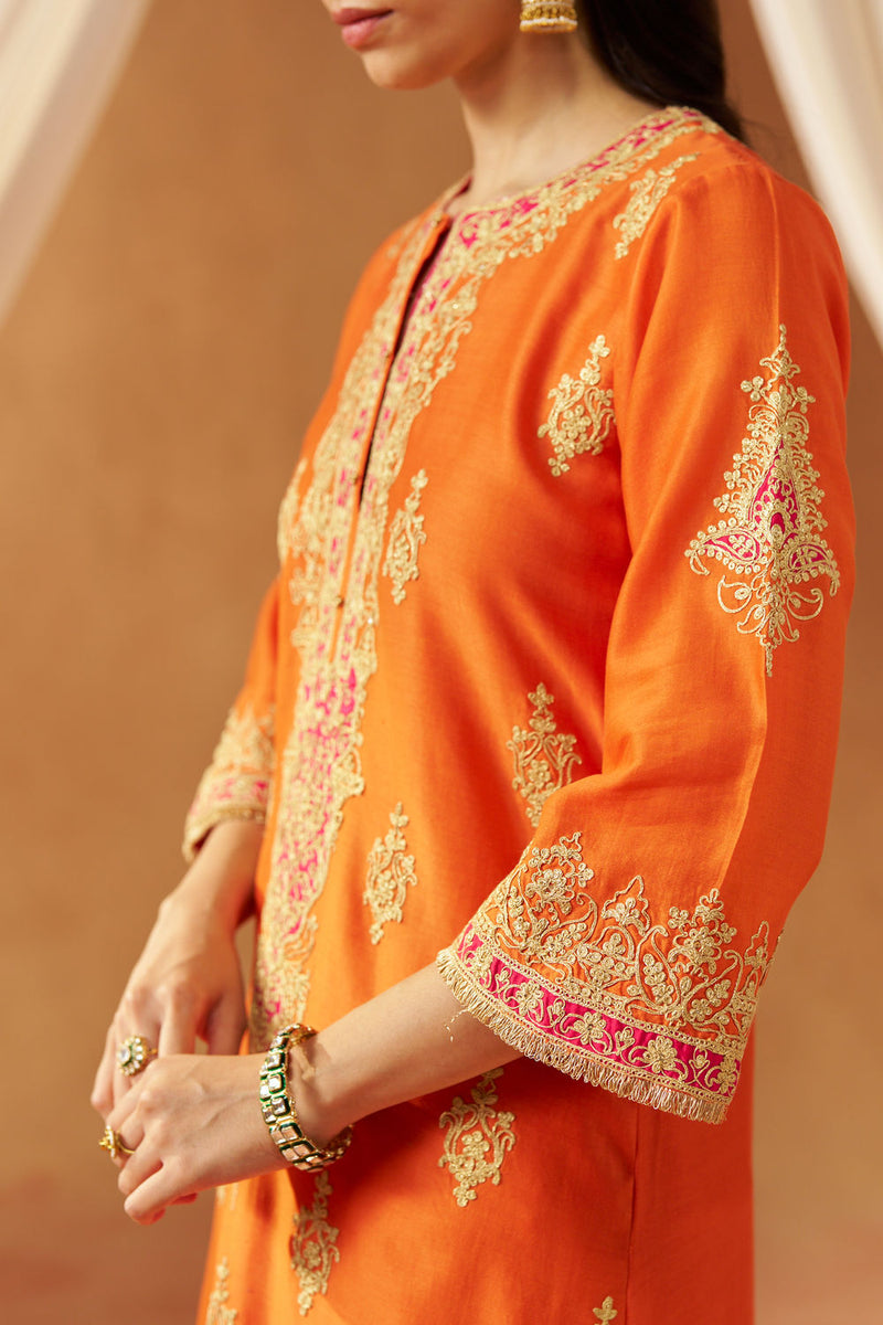 Mubina Burnt Orange Kurta with Salwar and Dupatta silk chanderi kurta/kurta set by SHEETAL BATRA in orange for women in Singapore