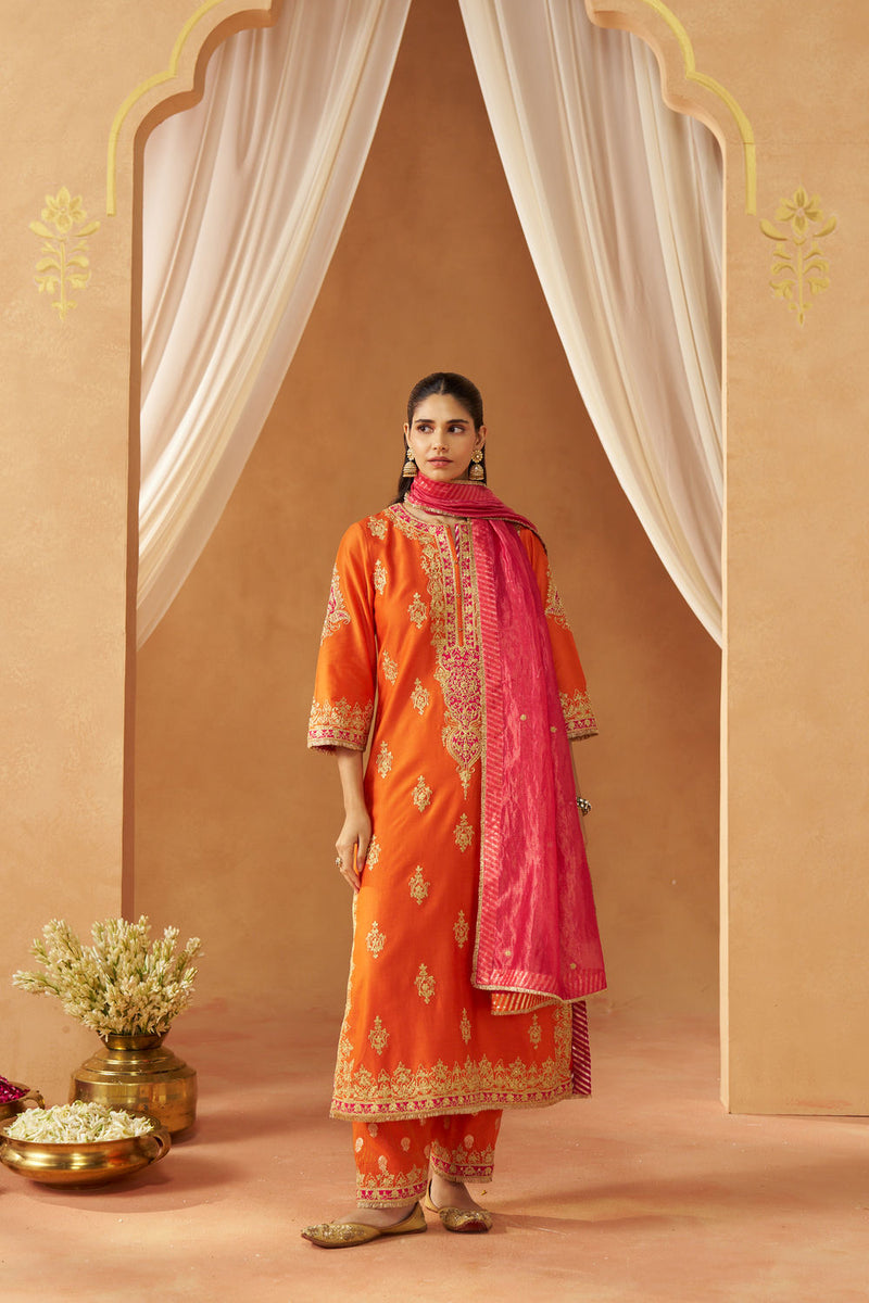 Mubina Burnt Orange Kurta with Salwar and Dupatta silk chanderi kurta/kurta set by SHEETAL BATRA in orange for women in Singapore