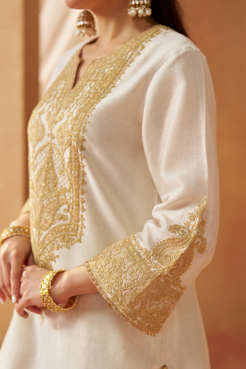 Adeela Daisy Ivory Kurta with Salwar and Dupatta silk chanderi kurta/kurta set by SHEETAL BATRA in ivory for women in Singapore