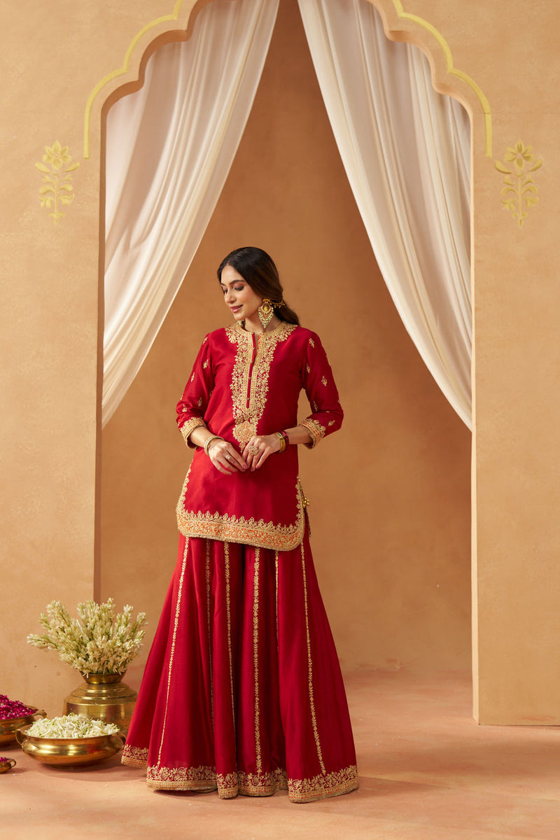 Fadiya Deep Red Kurta with Sharara and Dupatta silk chanderi kurta/kurta set by SHEETAL BATRA in red for women in Singapore