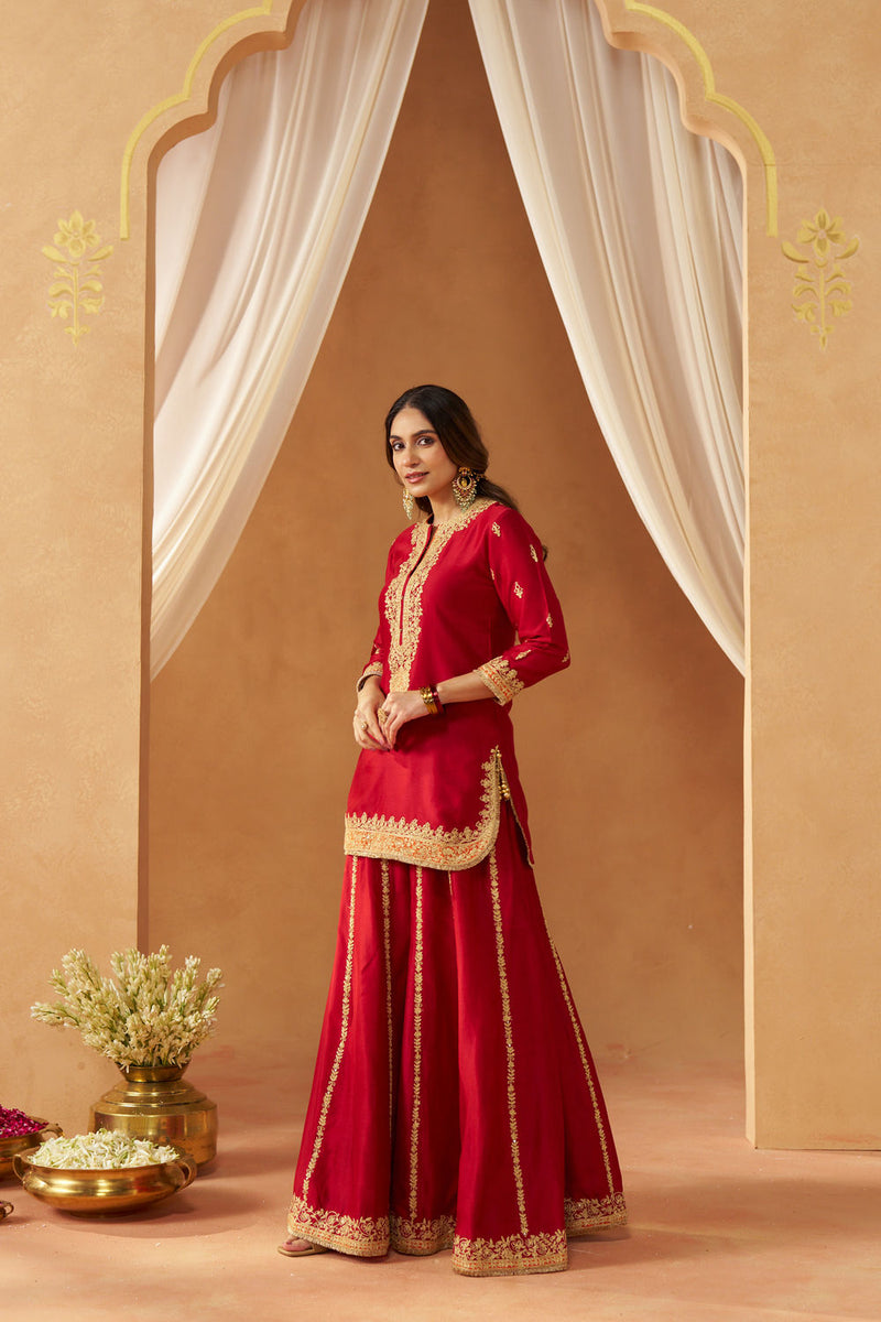 Fadiya Deep Red Kurta with Sharara and Dupatta silk chanderi kurta/kurta set by SHEETAL BATRA in red for women in Singapore