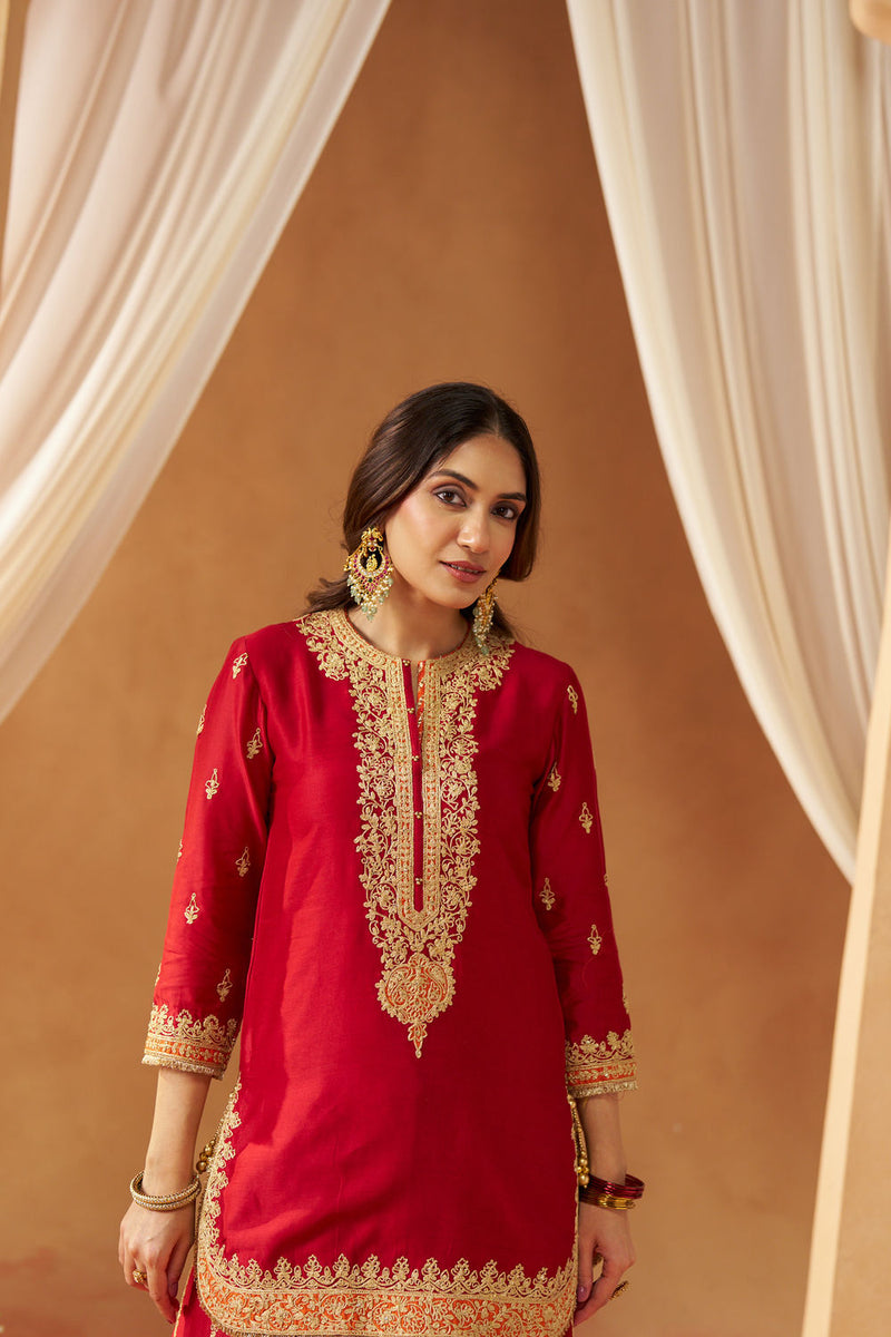 Fadiya Deep Red Kurta with Sharara and Dupatta silk chanderi kurta/kurta set by SHEETAL BATRA in red for women in Singapore