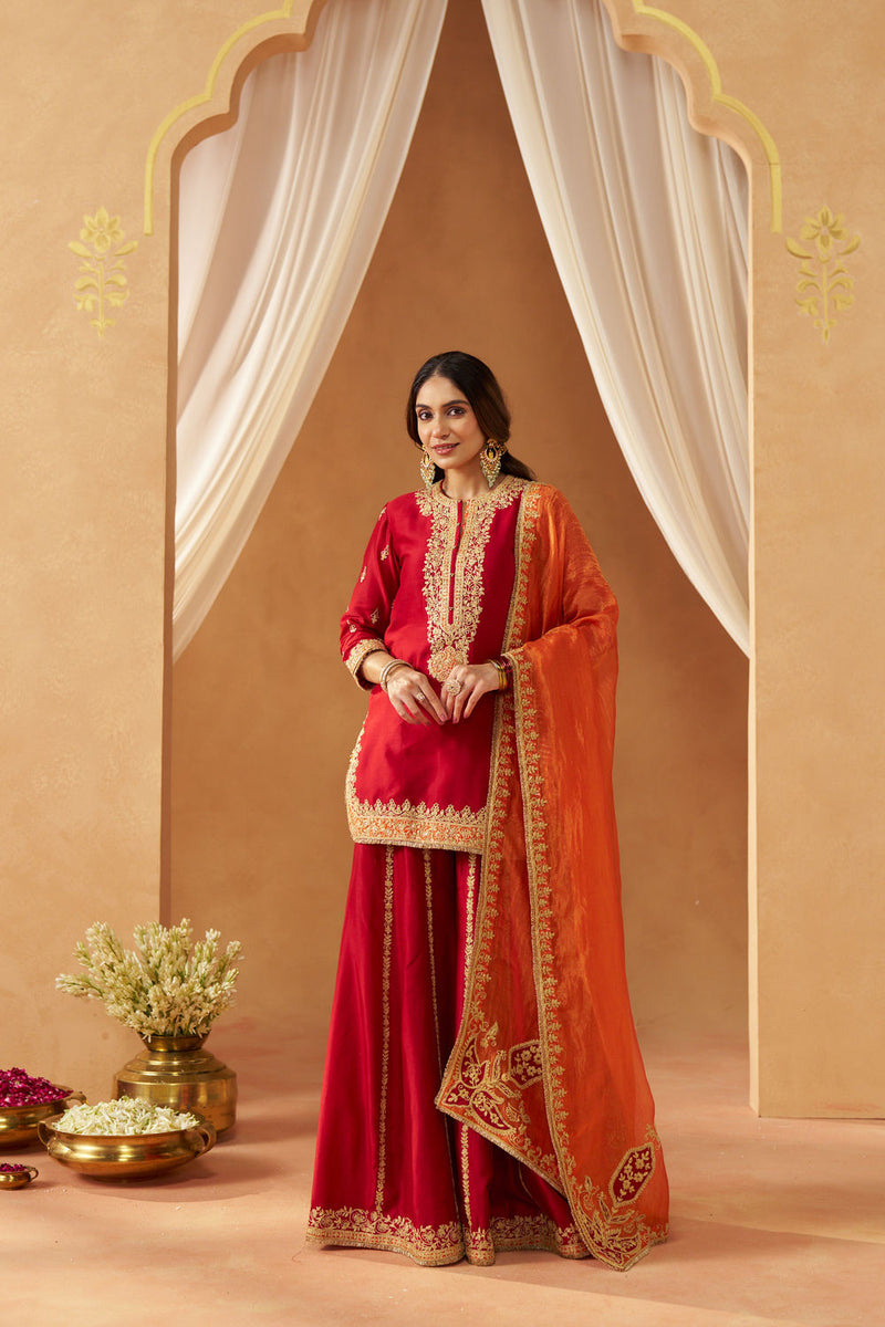 Fadiya Deep Red Kurta with Sharara and Dupatta silk chanderi kurta/kurta set by SHEETAL BATRA in red for women in Singapore
