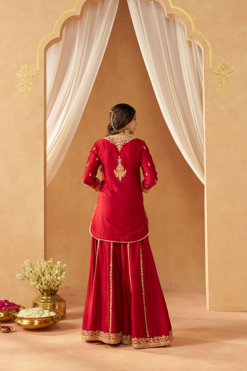 Fadiya Deep Red Kurta with Sharara and Dupatta silk chanderi kurta/kurta set by SHEETAL BATRA in red for women in Singapore