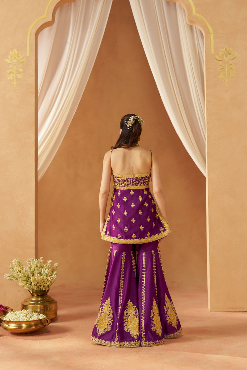 Najma Deep Purple Kurta with Garara and Dupatta silk chanderi kurta/kurta set by SHEETAL BATRA in purple for women in Singapore