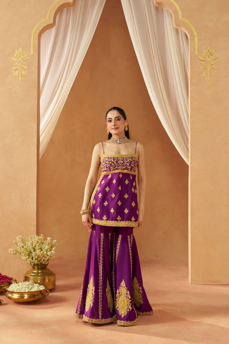 Najma Deep Purple Kurta with Garara and Dupatta silk chanderi kurta/kurta set by SHEETAL BATRA in purple for women in Singapore