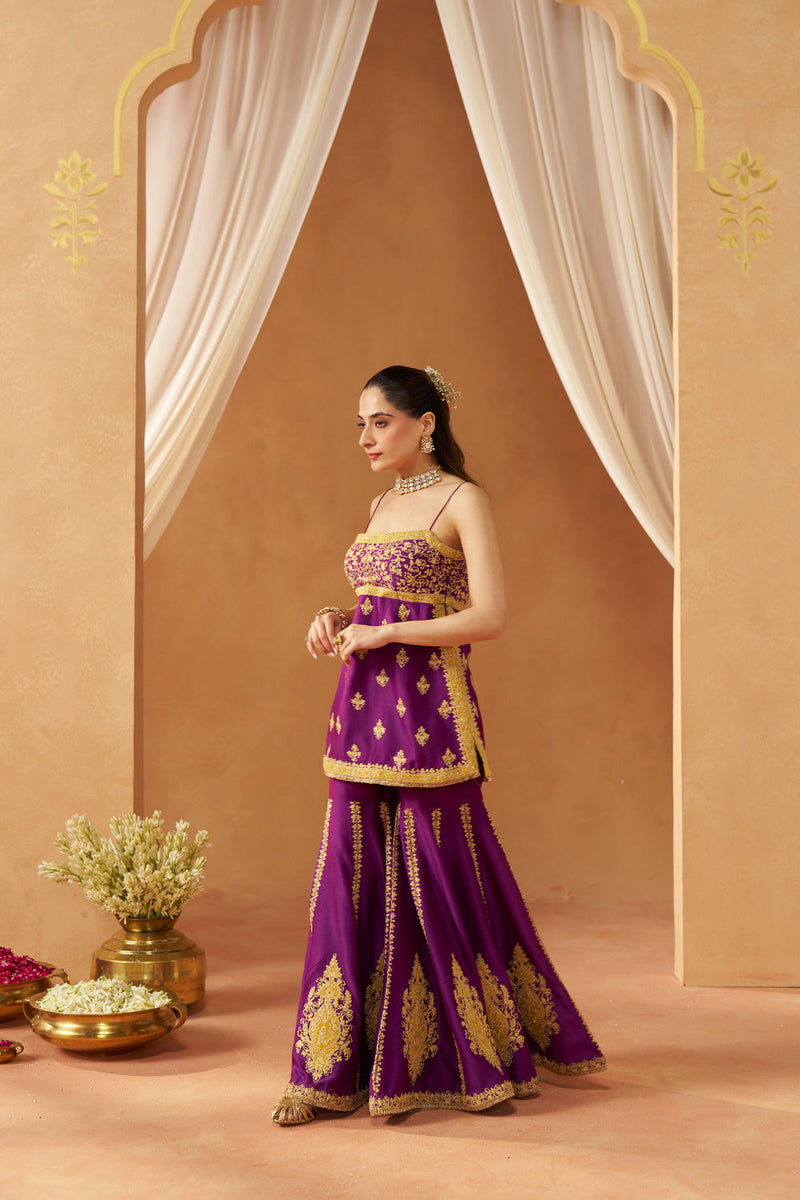 Najma Deep Purple Kurta with Garara and Dupatta silk chanderi kurta/kurta set by SHEETAL BATRA in purple for women in Singapore