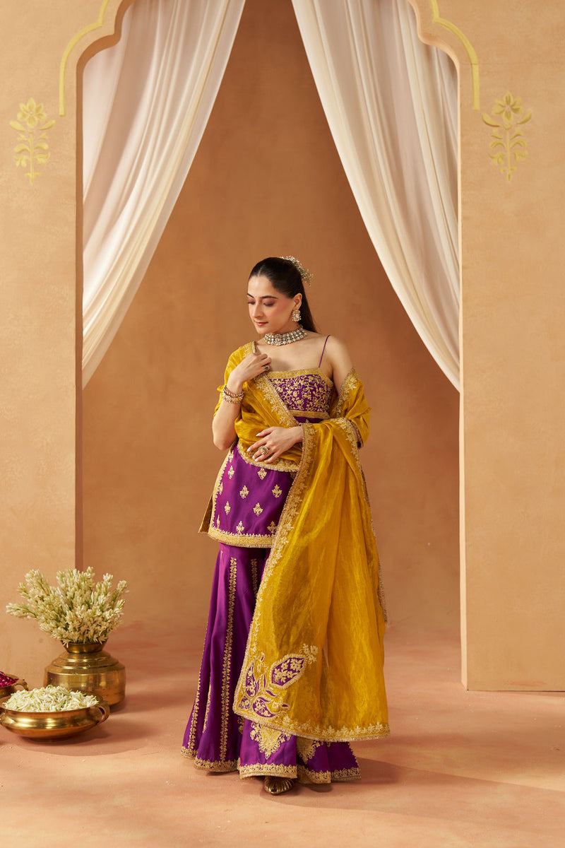 Najma Deep Purple Kurta with Garara and Dupatta silk chanderi kurta/kurta set by SHEETAL BATRA in purple for women in Singapore