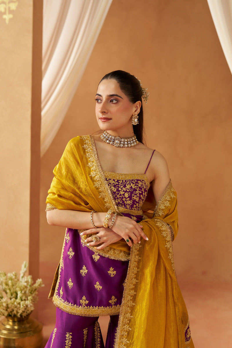 Najma Deep Purple Kurta with Garara and Dupatta silk chanderi kurta/kurta set by SHEETAL BATRA in purple for women in Singapore