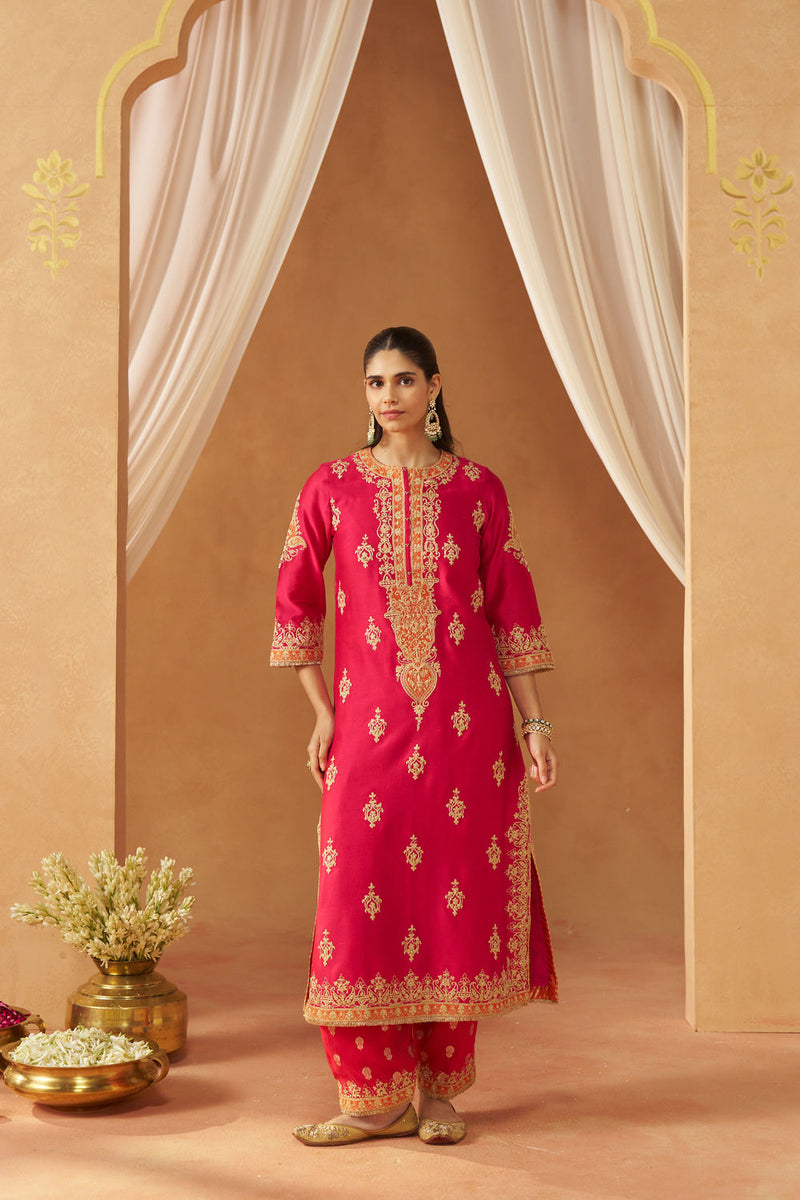 Mubina Hotpink Kurta with Salwar and Dupatta silk chanderi kurta/kurta set by SHEETAL BATRA in pink for women in Singapore