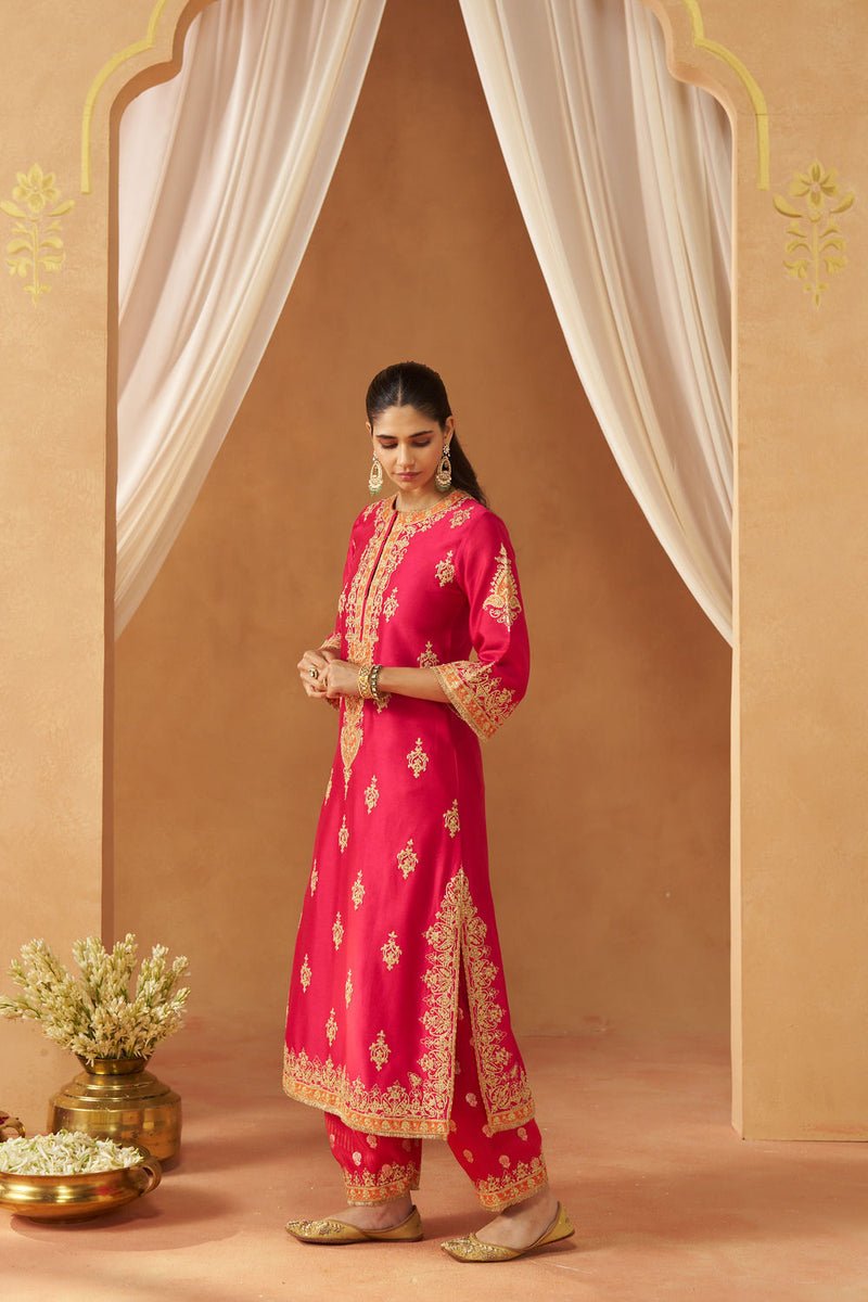 Mubina Hotpink Kurta with Salwar and Dupatta silk chanderi kurta/kurta set by SHEETAL BATRA in pink for women in Singapore