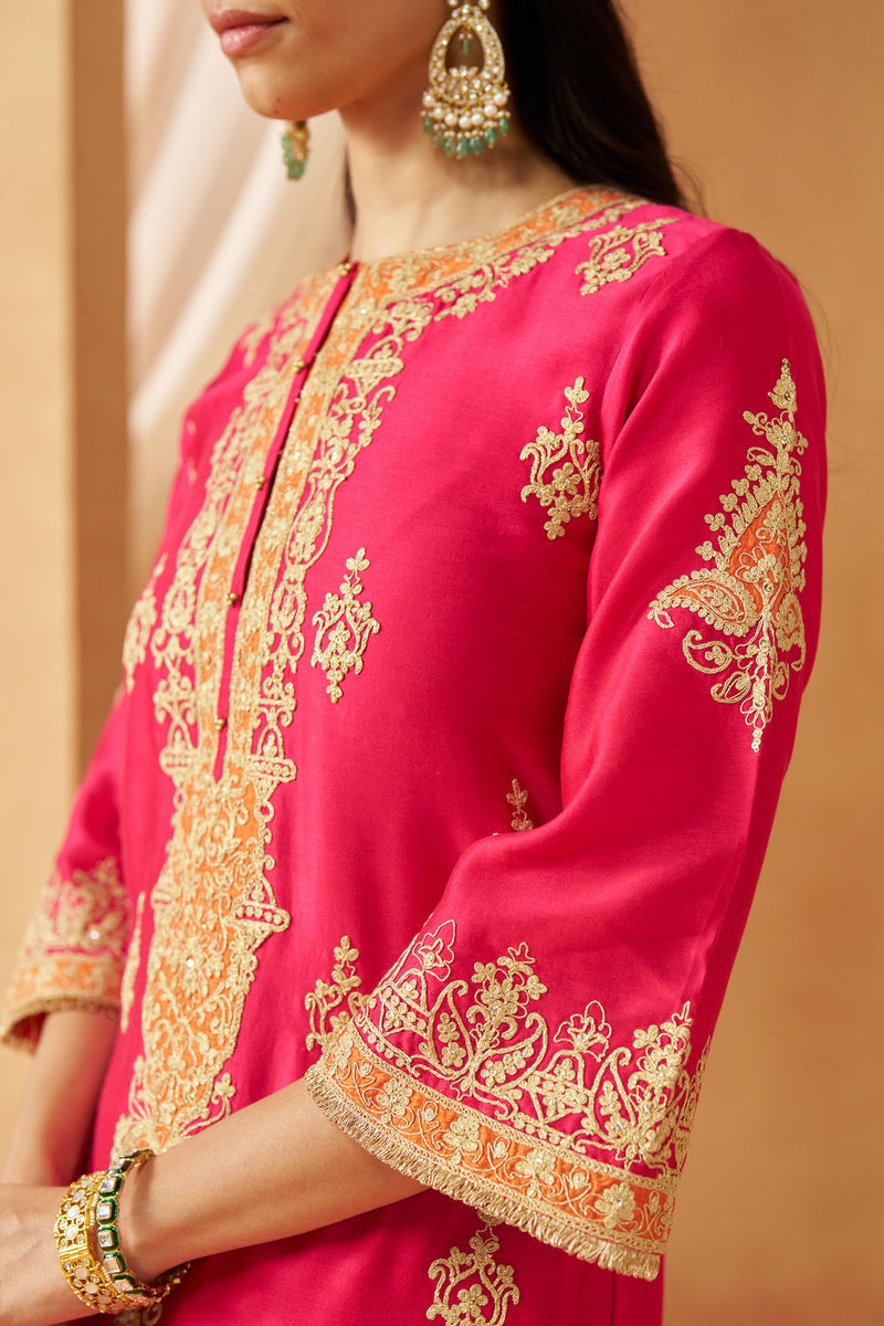 Mubina Hotpink Kurta with Salwar and Dupatta silk chanderi kurta/kurta set by SHEETAL BATRA in pink for women in Singapore