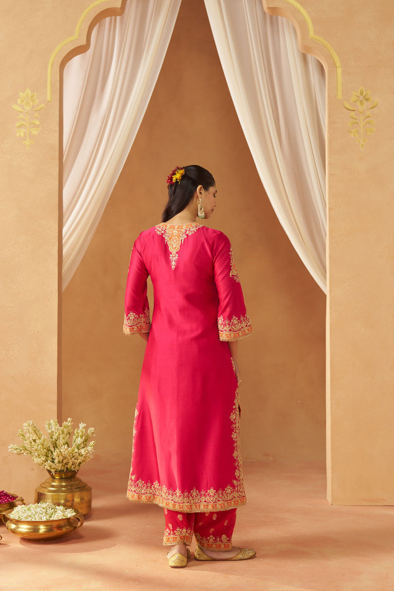 Mubina Hotpink Kurta with Salwar and Dupatta silk chanderi kurta/kurta set by SHEETAL BATRA in pink for women in Singapore