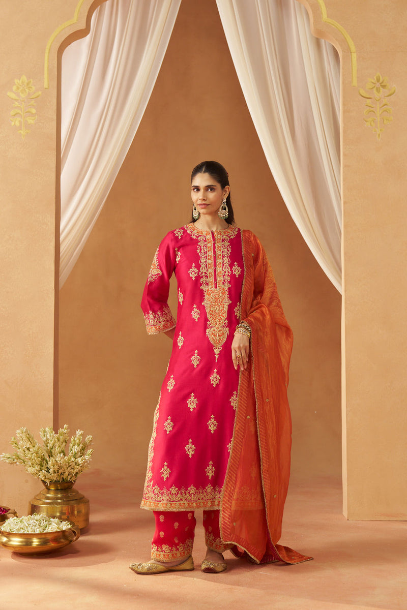 Mubina Hotpink Kurta with Salwar and Dupatta silk chanderi kurta/kurta set by SHEETAL BATRA in pink for women in Singapore