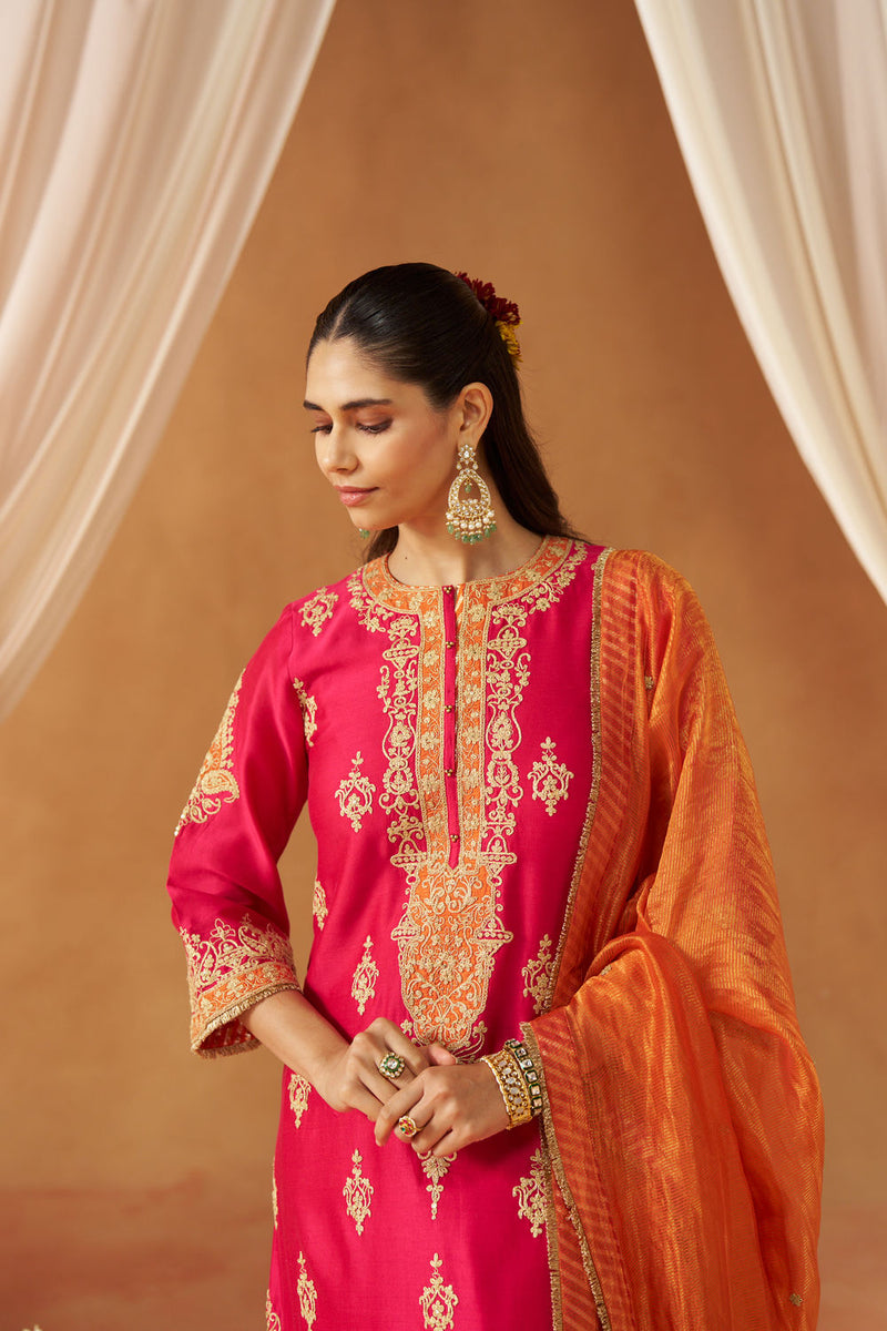 Mubina Hotpink Kurta with Salwar and Dupatta silk chanderi kurta/kurta set by SHEETAL BATRA in pink for women in Singapore