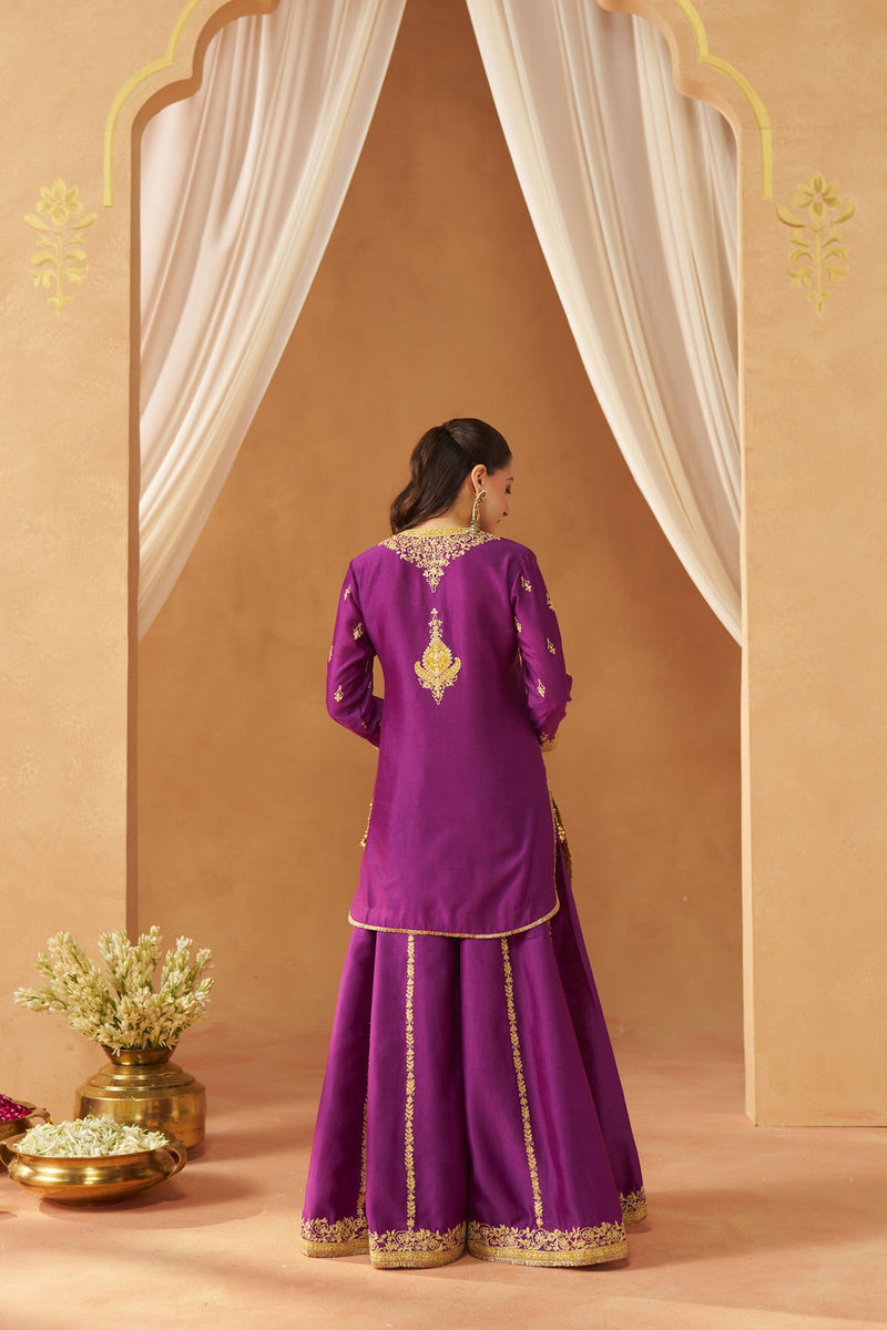 Fadiya Deep Purple Kurta with Sharara and Dupatta silk chanderi kurta/kurta set by SHEETAL BATRA in purple for women in Singapore