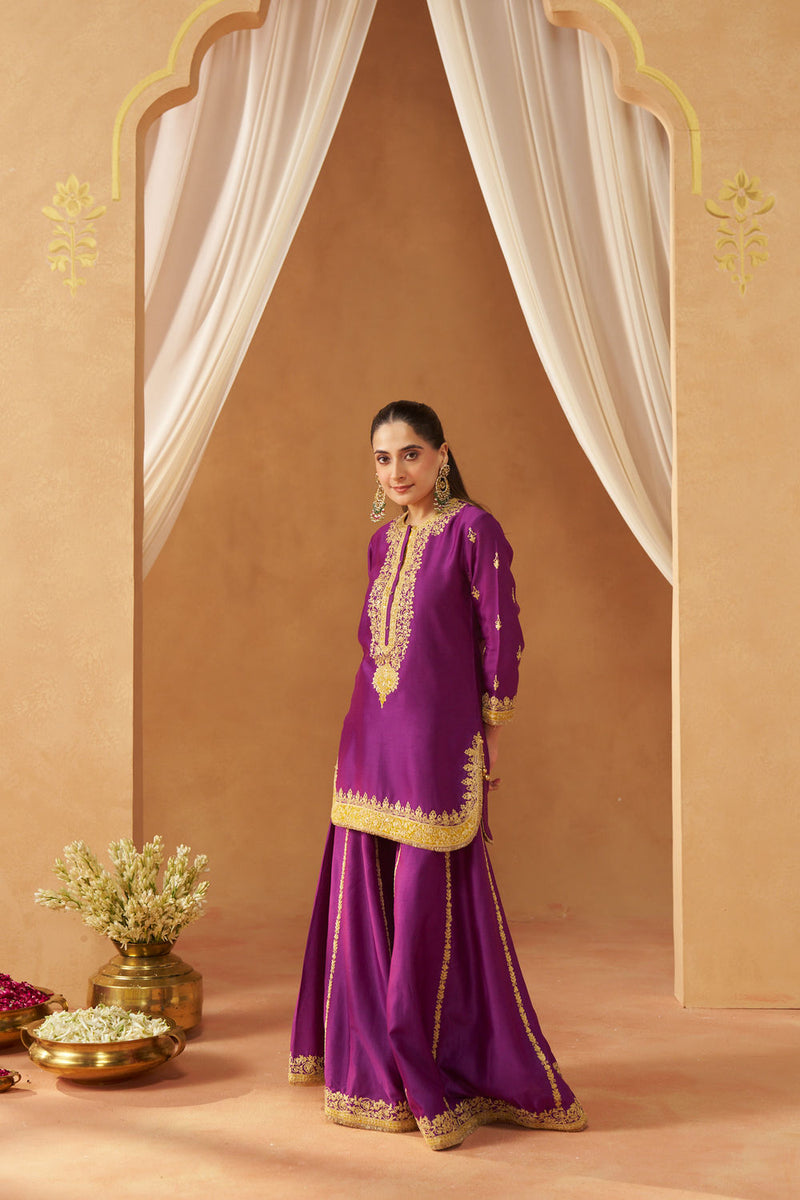 Fadiya Deep Purple Kurta with Sharara and Dupatta silk chanderi kurta/kurta set by SHEETAL BATRA in purple for women in Singapore