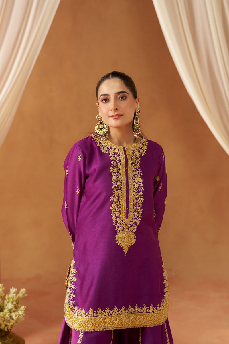 Fadiya Deep Purple Kurta with Sharara and Dupatta silk chanderi kurta/kurta set by SHEETAL BATRA in purple for women in Singapore