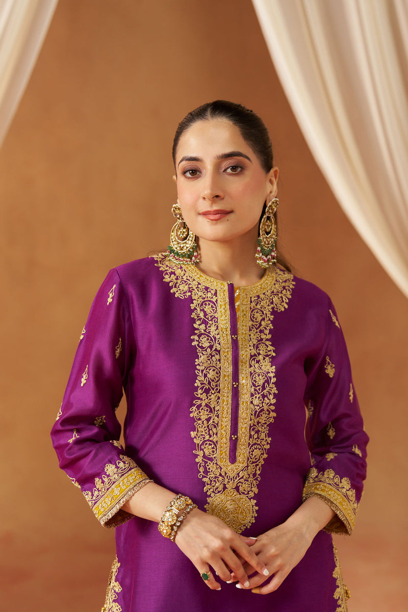 Fadiya Deep Purple Kurta with Sharara and Dupatta silk chanderi kurta/kurta set by SHEETAL BATRA in purple for women in Singapore