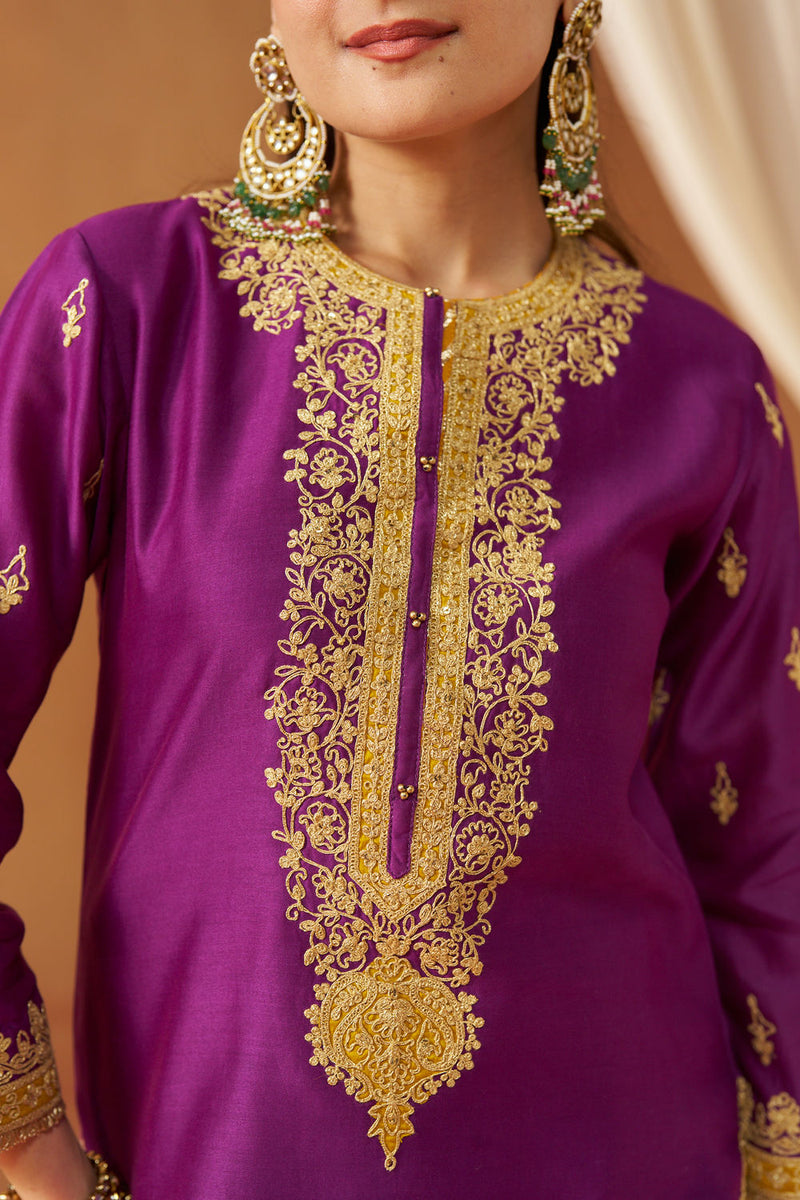 Fadiya Deep Purple Kurta with Sharara and Dupatta silk chanderi kurta/kurta set by SHEETAL BATRA in purple for women in Singapore